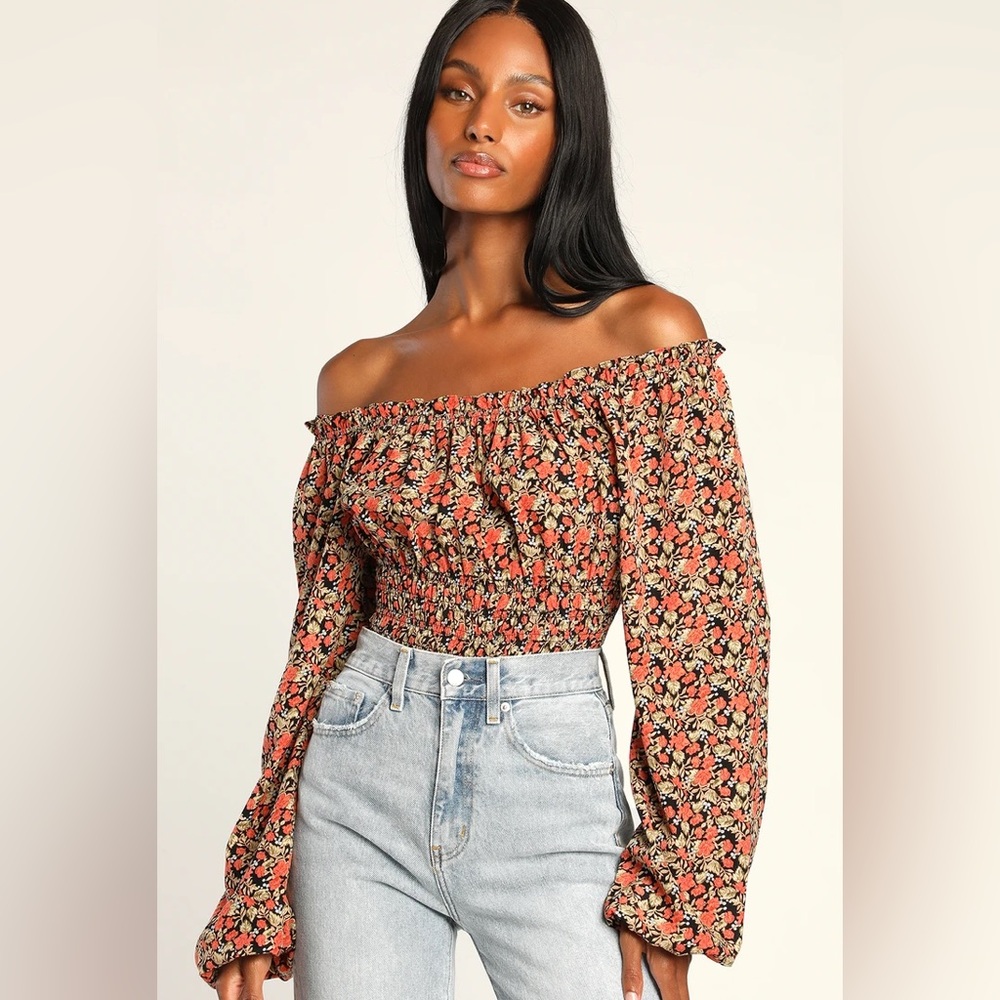 Lulu’s Beauty Embodied Black Floral Off-the-Shoulder Smocked Bodysuit
